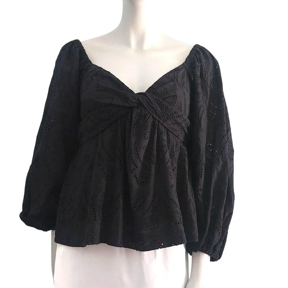 BANANA REPUBLIC Black Top S Sweetheart Neck 3/4 Sleeve Cotton Flirty EUC - Picture 12 of 13